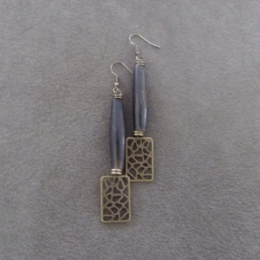 Ethnic hair pipe bone and bronze earrings, black 