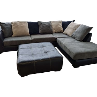 Two Tone Gray & Black L-Shaped Sectional w/ Ottoman