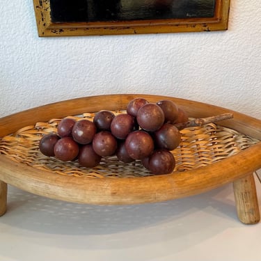 Vintage Woven Rattan Footed Tray | Hand Made Wooden Wicker Tray | Decorative Boho Rattan Wicker Pedestal Tray | Rattan Footed Wood Basket 