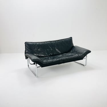 Mid century dark blue leather sofa by Johan Bertil Häggström for Ikea 1980s Sweden 