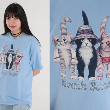 Beach Bums Cat Shirt 90s Heads and Tails T Shirt Kitten Cat Butts Front Back Graphic Tee Retro Tourist Baby Blue Top Vintage 1990s Medium 