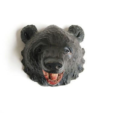 Hand-Carved Wooden Black Forest Roaring Wall Bear Head Rural Arts and Crafts Wood Carved Animal Sculptures Glass Eyes Kibori Ainu Japan 30s 