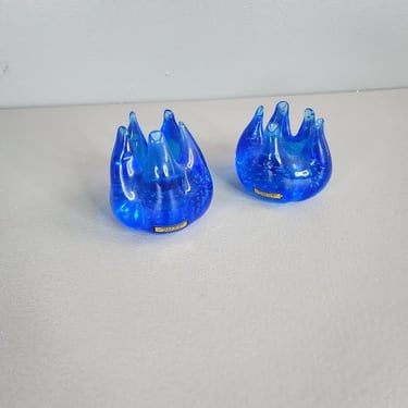 Set of 2 Mid Century Blue Glass Mantorp Sweden Candleholders 