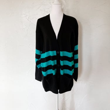 80s Black Turquoise Striped Knit Sweater Cardigan with Front Pockets | Small/Medium/Large/Extra Large 