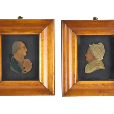 Pair 19th Century Wax Miniature Portraits George & Martha Washington Period Frames 
