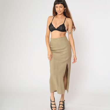 90s Side Slit Maxi Skirt Simple Khaki Straight High Waisted Retro Chic Plain Ankle Length Minimalist Rayon Vintage 1990s Express Small S 