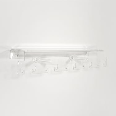 Vintage Space Age Wall Mounted Plexiglass Coat Rack Hat Shelf Hanger Clear Transparent Translucent Retro Accent Mid Century Modern Entrance 