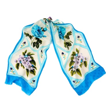 Adrienne Vittadini Vintage Scarf Blue Flower Print Scarf 1990 Vintage Style Scarf Long Rectangle  Scarf for Neck Scarf for Hair 