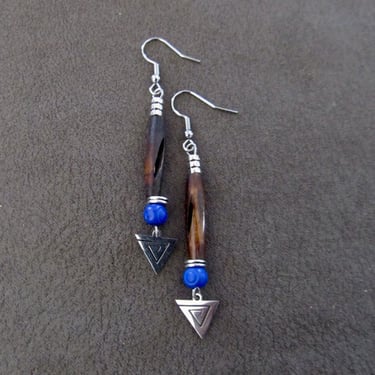 Carved bone and silver earrings, blue 