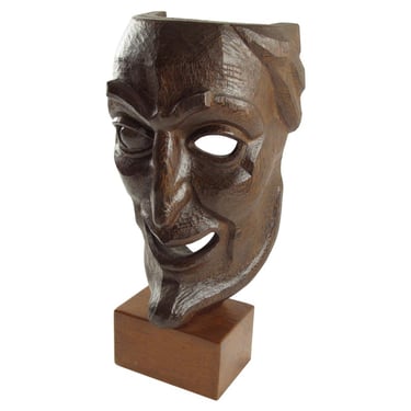 Hand Carved Large Wood Mask Sculpture with Artist Signature, 1950s