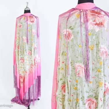 1900s Pink Silk Piano Scarf | 1900s Pink Floral Silk Piano Scarf | Embroidery Pink Piano Wrap 