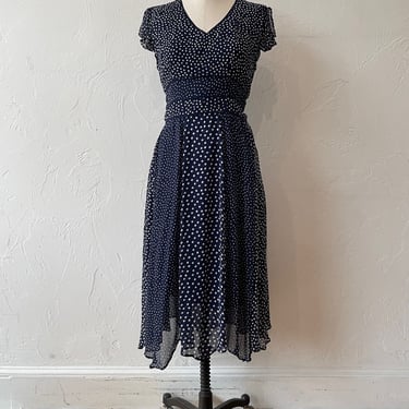 Vintage Lola P Navy & White Polka Dot Midi Dress M