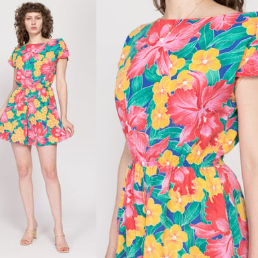 Medium 80s Tropical Floral Print Romper | Vintage Boho Grunge Short Sleeve Mini Playsuit 