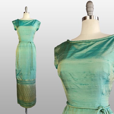 1960s Gown / Dynasty Thai Silk Gown / 1960s Dynasty Gown / Dress with Pockets / Green Gown / Gold Gown / Size Medium 