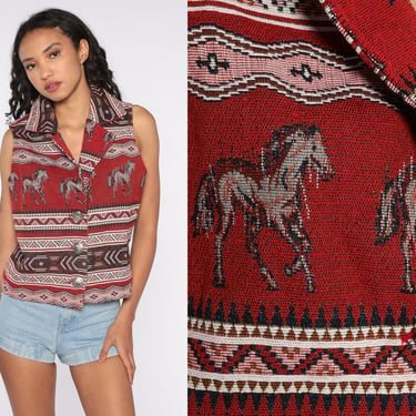 Horse Tapestry Vest 1990s Southwestern Print Red Western Vest 90s Bohemian Hippie Southwest Aztec Vintage Festival Medium 