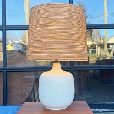 Off White Lotte Bostlund Ceramic Lamp w/ Original Fiberglass &#038; Jute Shade