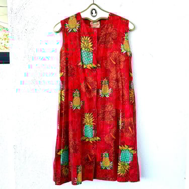 Vintage 60s Hawaiian Pineapple Dress 1960s Hawaii Red Hibiscus Floral Swing Shirtdress 