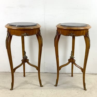 Vintage Louis XV Style End Tables With Stone Top and Ornate Detail- Pair 