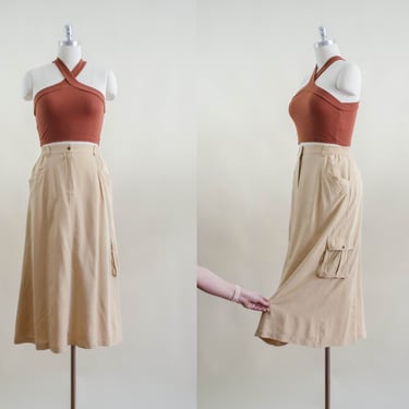 beige tan silk midi skirt | 90s y2k plus size vintage khaki light dark academia fit and flare skirt with pockets 