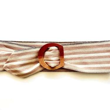 Vintage 70s 80s Boho Woven Belt 1970s 1980s Wood Buckle Striped Browns Blue Beige Sash 