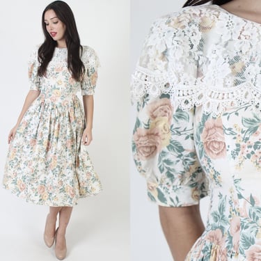 Backless Jessica McClintock Garden Floral Dress / Gunne Sax Country Folk Picnic Outfit / 80s White Wide Lace Collar Frock 