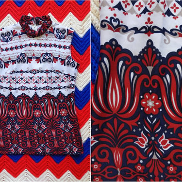 Unique Vintage 60s 70s Red Blue White Patterned Sleeveless Top 