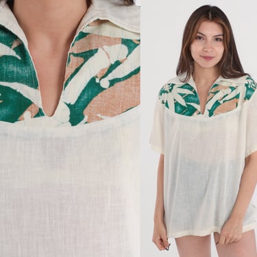Vintage Ocean Pacific Shirt 90s Buttonless Polo Shirt Semi-Sheer Cream Abstract Print Collared V Neck Top Short Sleeve 1990s Mens Medium 