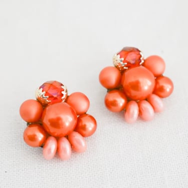 1960s Peach/Orange Faux Pearl Bead Cluster Clip Earrings 