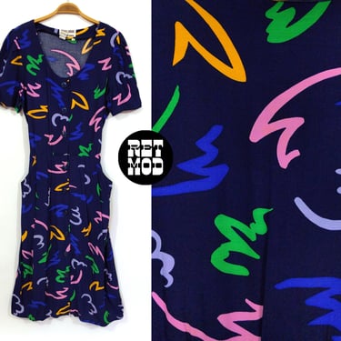 Cool Vintage 80s 90s Dark Blue Geometric Squiggles Dress with Pockets 