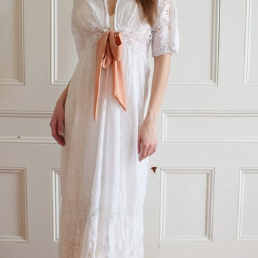 Edwardian Lawn Dress with Crescent Moon Lace and Sash | XS 