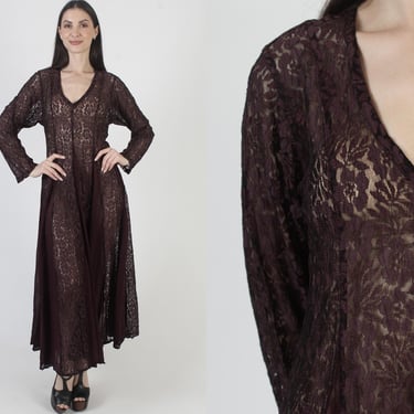 90s Plum Grunge Dress, Purple Sheer Lace, Full Skirt Gypsy Sundress, Vintage Long Festival Outfit 