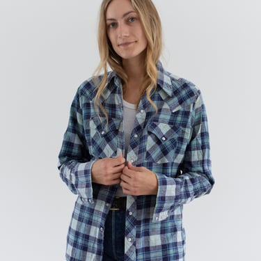 Vintage Blue Plaid Flannel Button up Shirt | Unisex 70s Western Pearl Snap Cotton Made in USA | S | 