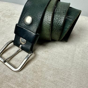 VTG Wide black leather belt~ Rocker Punk belt~ silver buckle rivets ~ super supple semi distressed~ green black dyed~ unisex size 31”-36” LG 