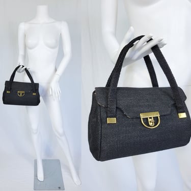 Retangle 1960's Black Burlap Handbag I Purse I Bag I Gold Hardware I Box Bag 