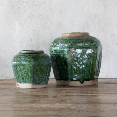 Antique Chinese Ginger Jar, Green Glazed Pottery Spice Jar 