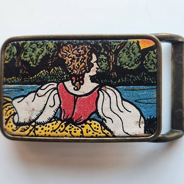 Vintage Belt Buckle, Metal and Leather, Hand Painted, Bavarian 