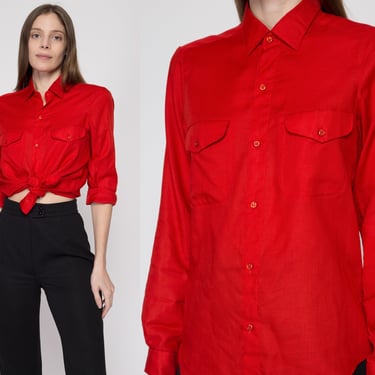 Small 70s Red Double Pocket Shirt | Vintage Button Up Long Sleeve Collared Top 
