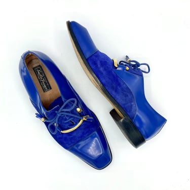 Vintage Men's Handcrafted Spectator Shoes, Emilio Franco Cobalt Blue Leather/Suede Cap Toe Oxfords, Italian Designer Dress Shoes, US Size 10 
