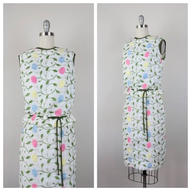Vintage 1960s embroidered dress, 2 piece set, skirt and matching top, floral 