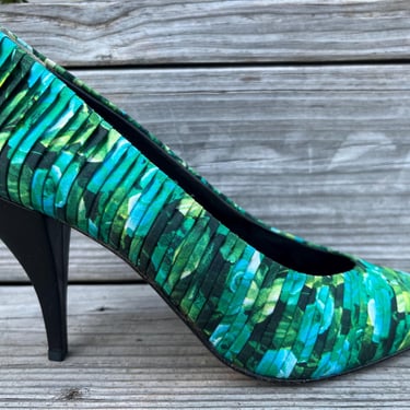 turquoise floral stilettos vintage pleated fetish high heels 8 1/2 