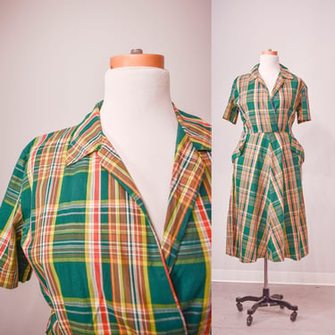 1940s Green Plaid Cotton Day Dress Plus Sized 