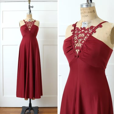 vintage 1970s maxi dress • dark red empire waist halter dress in nylon jersey & crochet lace 