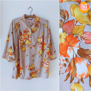 Lovely Vintage 70s Light Brown, Orange, Yellow Floral Billowy Blouse 