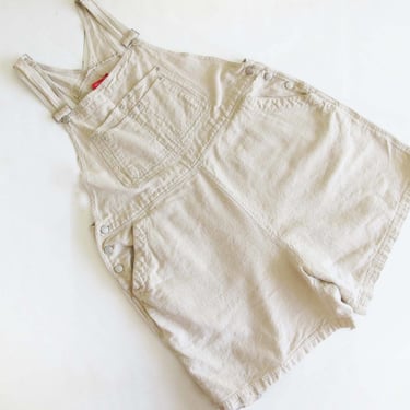 90s Beige Linen Shortalls XL 44 waist - Women Natural Fiber Neutral Off White Overall Shorts - Minimalist Style 