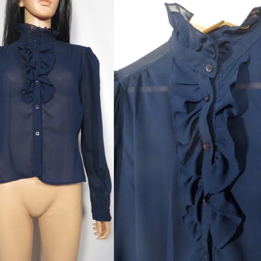 Vintage 70s Navy Blue Sheer Tailored Ruffle Frilly Blouse Size L 