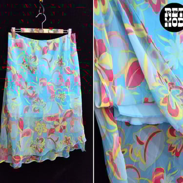 Groovy Y2k Vintage Blue Pink Floral Sheer Mid-Length Skirt with Mini Skirt Liner 