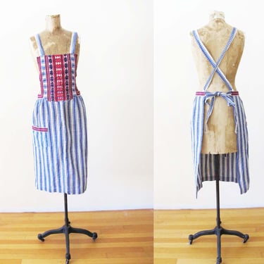 Vintage 60s Embroidered Striped Apron S M - Blue Red Floral Cotton Pinafore - Folk Boho Clothing 