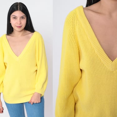 Yellow Sweater 80s Pullover Knit V Neck Sweater Plain Low Open Back Jumper Retro Basic Spring Minimalist Solid Cotton Vintage 1980s Small S 