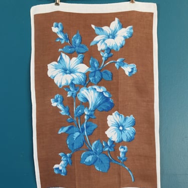 Vintage Brown and Blue Floral Irish Linen Tea Towel 