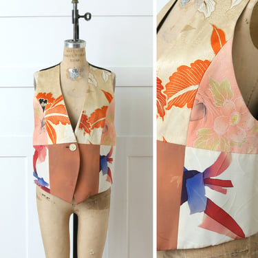 vintage 1990s women's patchwork vest • repurposed Japanese kimono & obi fabric vest 
